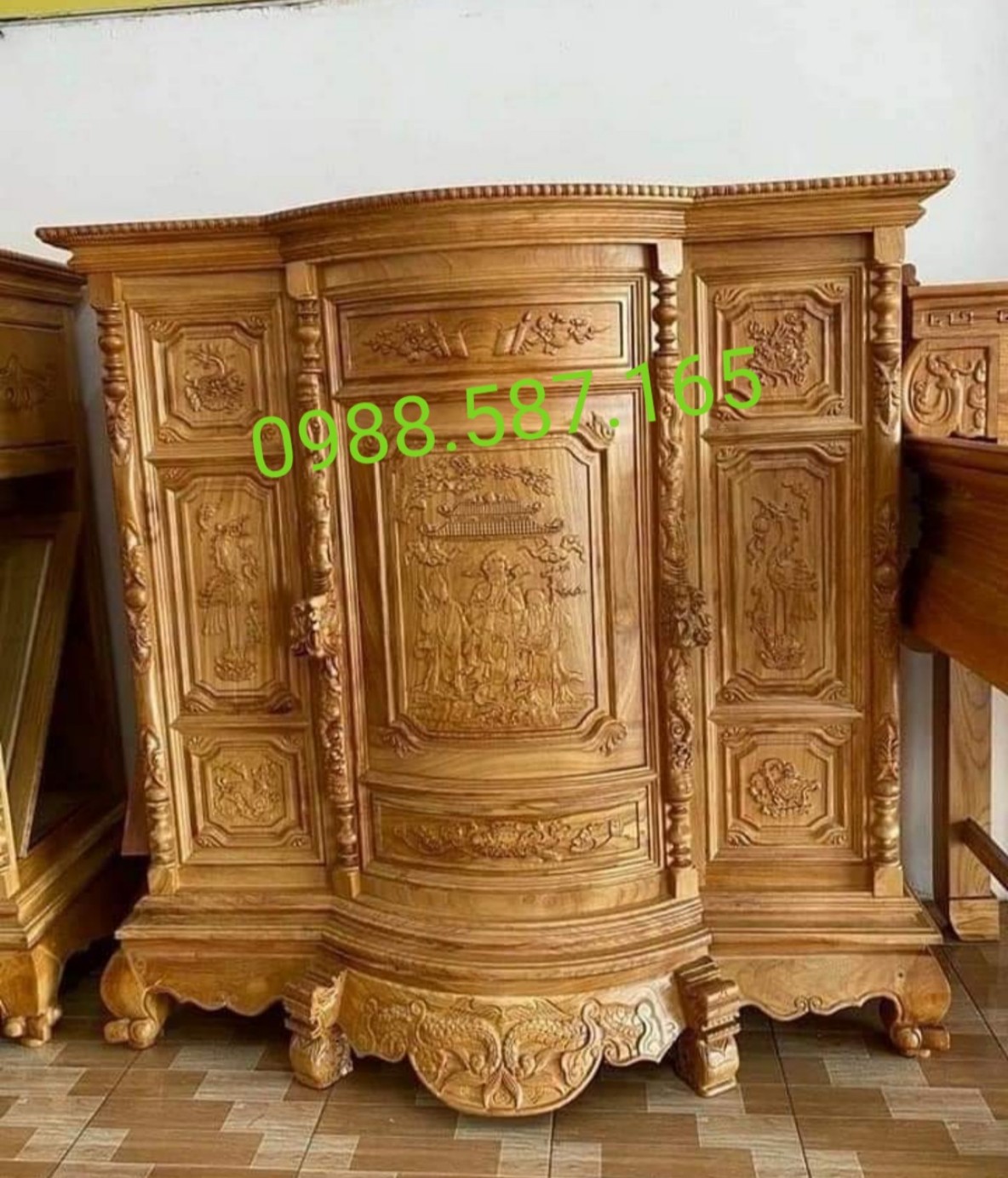 Tủ thờ gia tiên gỗ gõ đỏ bụng phệ chạm tứ linh Phúc Lộc Thọ ngang 1m8