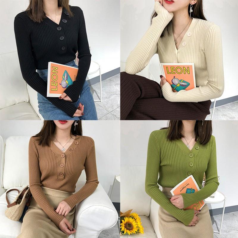 Áo sweater thời trang nữ tay dài cổ chữ V màu trơn