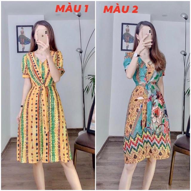 Đầm xoè cổ V 3 cúc ngực thiết kế 2 màu cực tây CC99