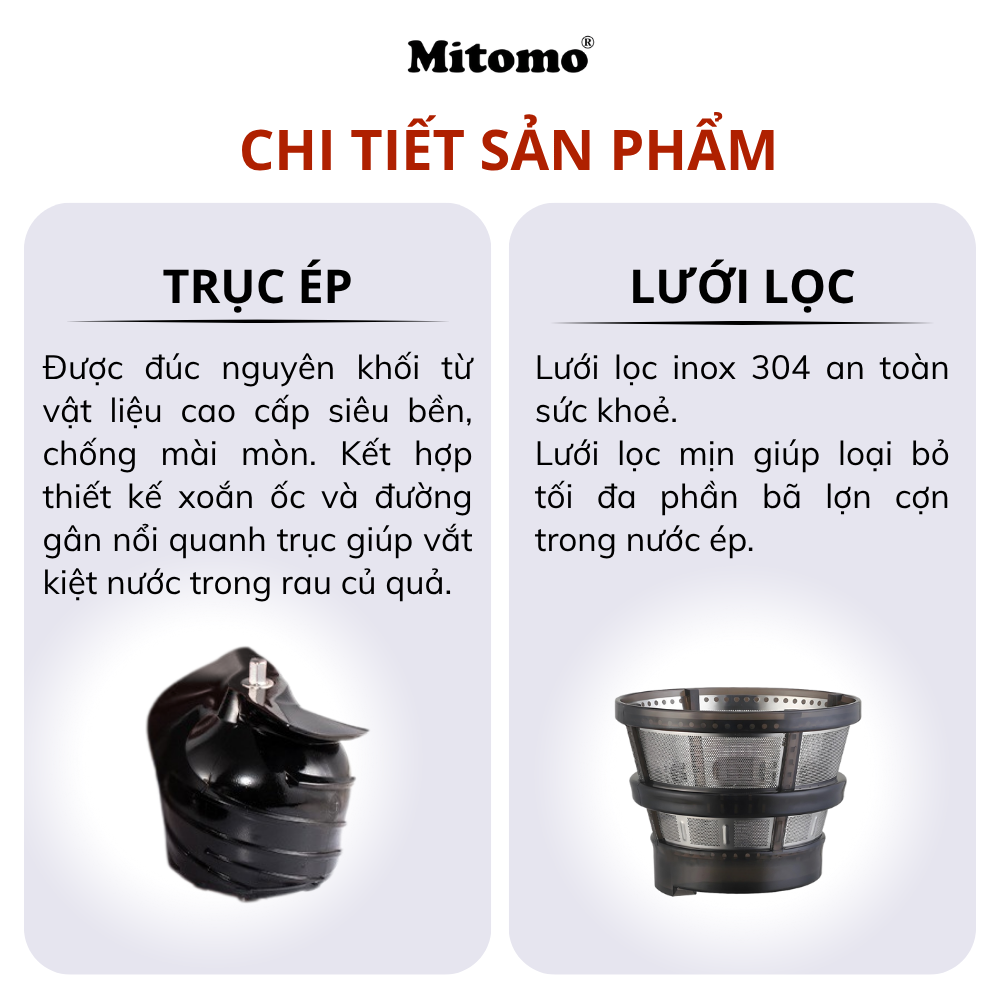 Máy Ép Chậm, Máy Ép Trái Cây Công Nghiệp Mitomo KJ3081 Kiệt Bã - Hàng Chính Hãng Bảo Hành 3 Năm