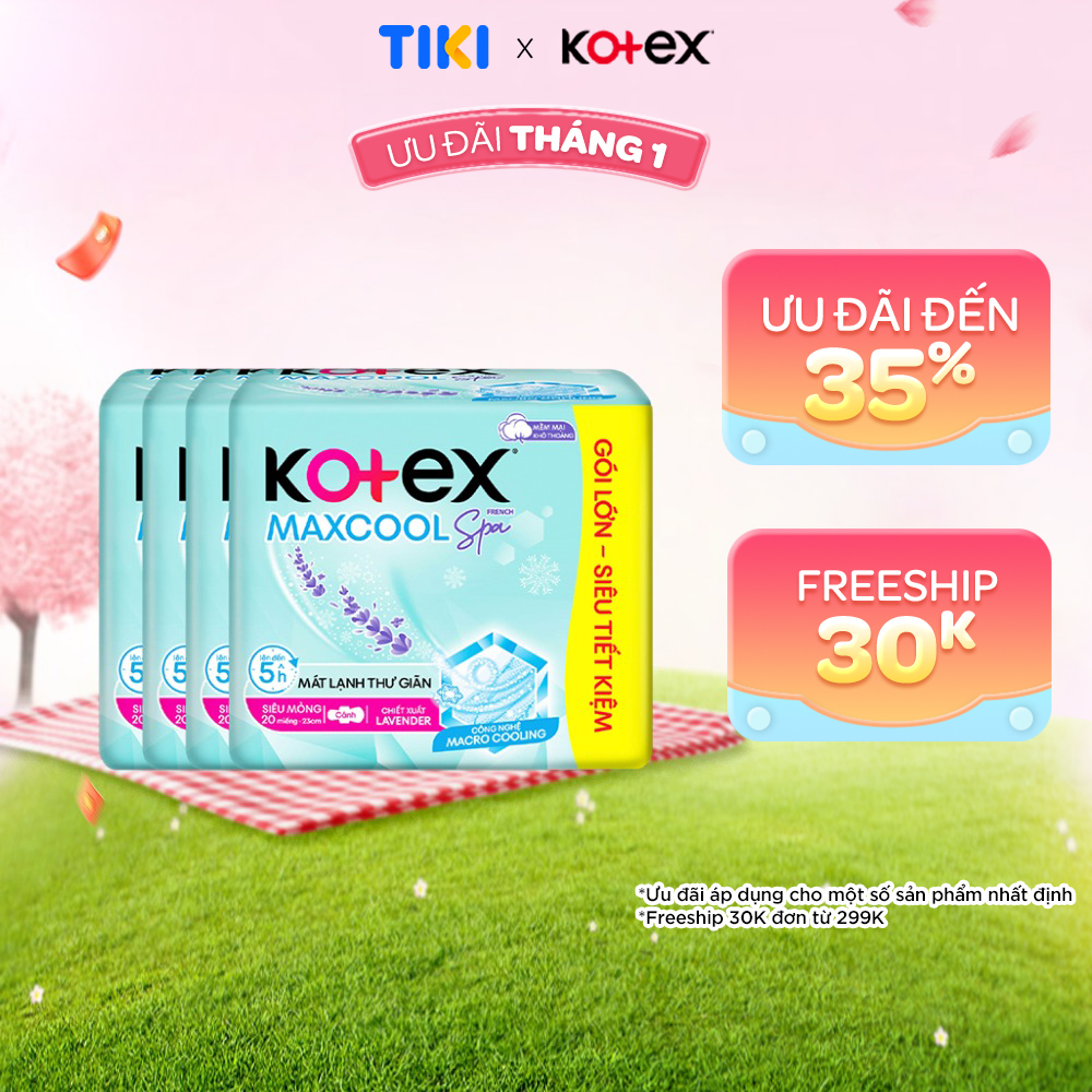 Combo 4 gói băng vệ sinh Kotex Maxcool French Spa Siêu mỏng cánh 23cm