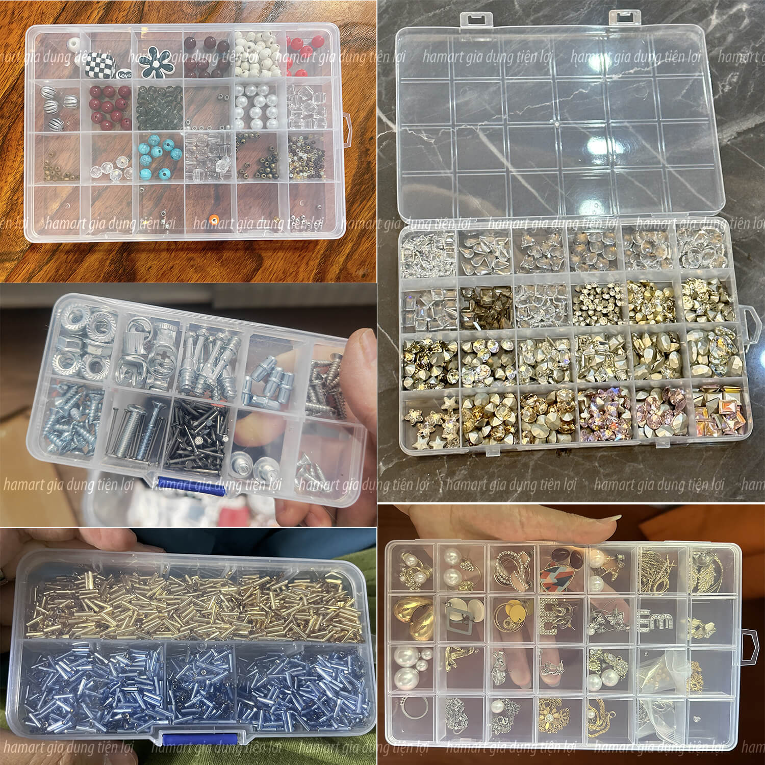 Hộp Đựng Linh Phụ Kiện Chia Ngăn Nhựa Trong Suốt Để Trang Sức Đá Charm Nail Móng Nắp Khoá Treo Tường