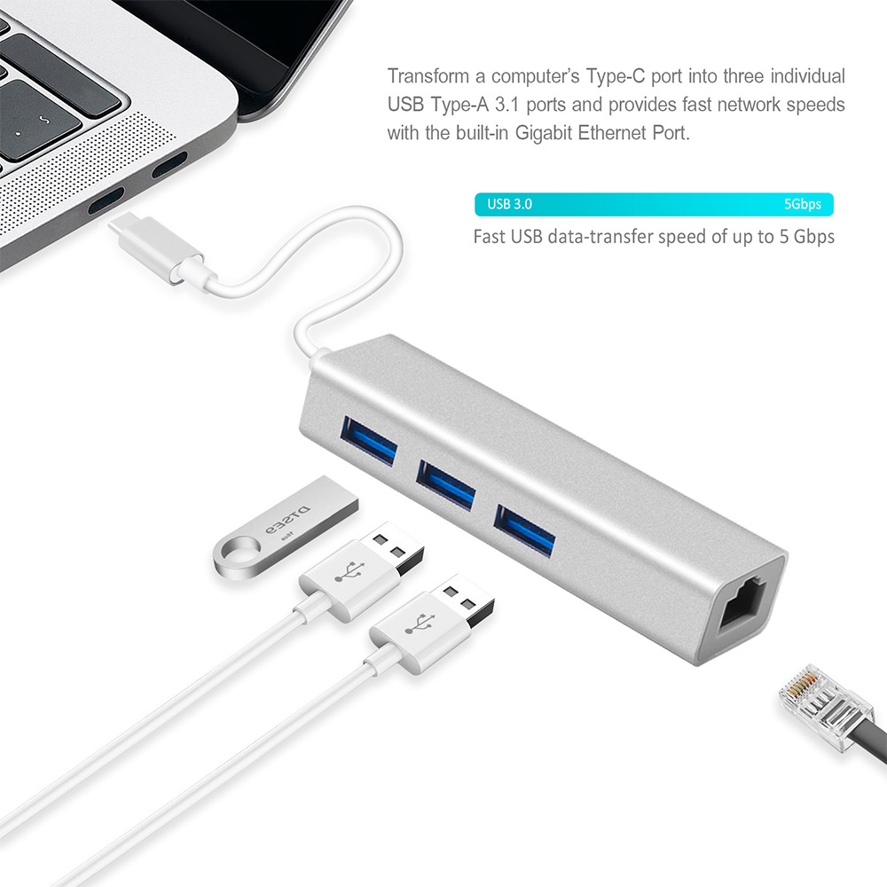 Hub Adapter chuyển đổi Type c sang 3 cổng USB 3.0 và cổng LAN RJ45 vỏ nhôm