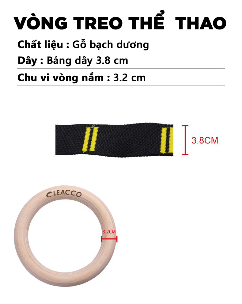 Vòng treo gỗ Gymnastic Rings Cleacco có vạch kẻ số , khóa cài thông minh tiện lợi , chắc chắn treo xà đơn , các bài tập dip rings , street workout , bảo hành 12 tháng - BORO SPORT