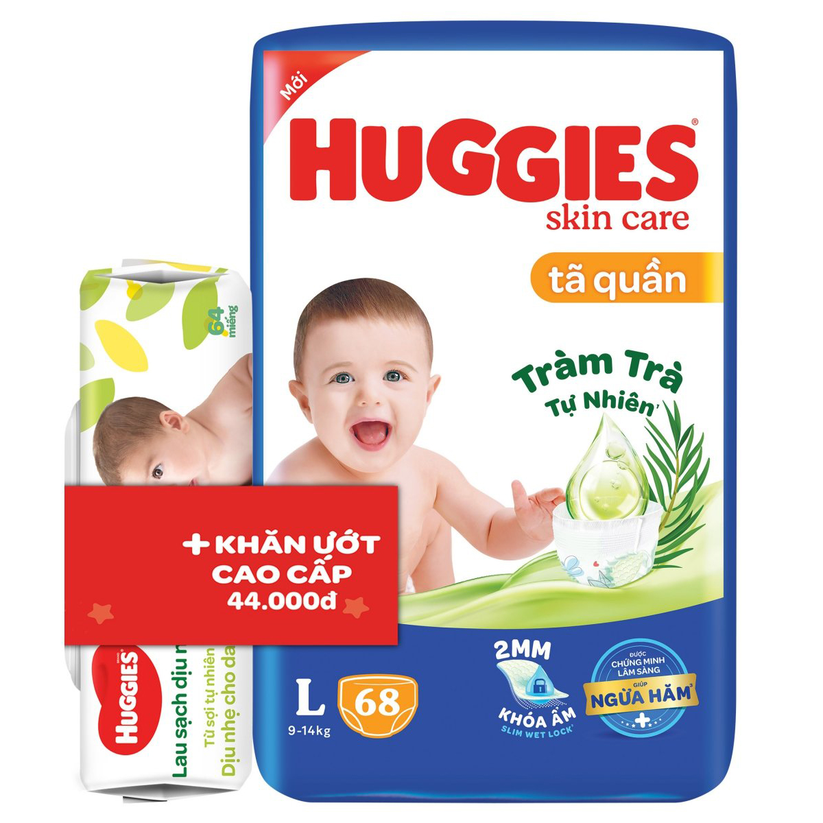 Tã/bỉm quần HUGGIES SKINCARE gói SUPER JUMBO size L 68 miếng - Tặng khăn ướt dịu nhẹ 80 miếng