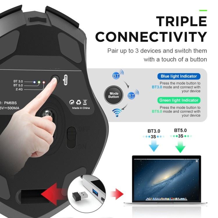 Chuột Không Dây Bluetooth, Wireless 2.4G PM6 Có Pin Sạc–Chuột Chống Ồn Bấm Siêu Êm Không Cần Thay Pin - Hàng chính hãng 