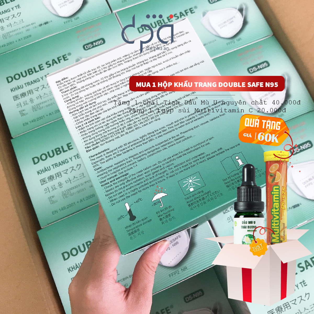 [Mua 1 tặng 2] Khẩu trang Double Safe N95 Hộp 30C - Tặng 1 tube Sủi Multivitamin C và 1 chai Tinh Dầu Mù u
