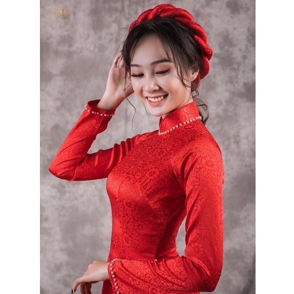 Ao Dài Cách Tân Cô Dâu Lụa Gấm Vân Hoa hồng Đính Trai Thiết Kế Cao Cấp
