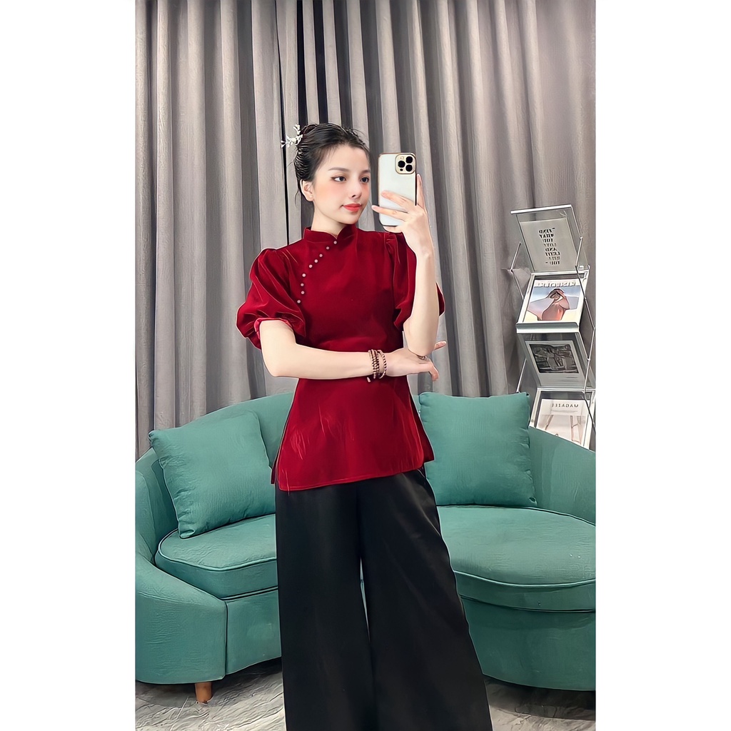 Bộ Đồ Lam Đi Lễ Chùa Cổ Tàu Tay Bồng Kèm Quần Culottes - Bộ Phật Tử Nữ Kèm Quần Ống Rộng