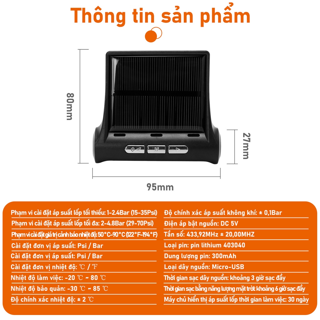 Cảm biến áp suất lốp ô tô, Xe hơi gắn ngoài, Pin Sạc Năng Lượng Mặt Trời, Màn hình LCD