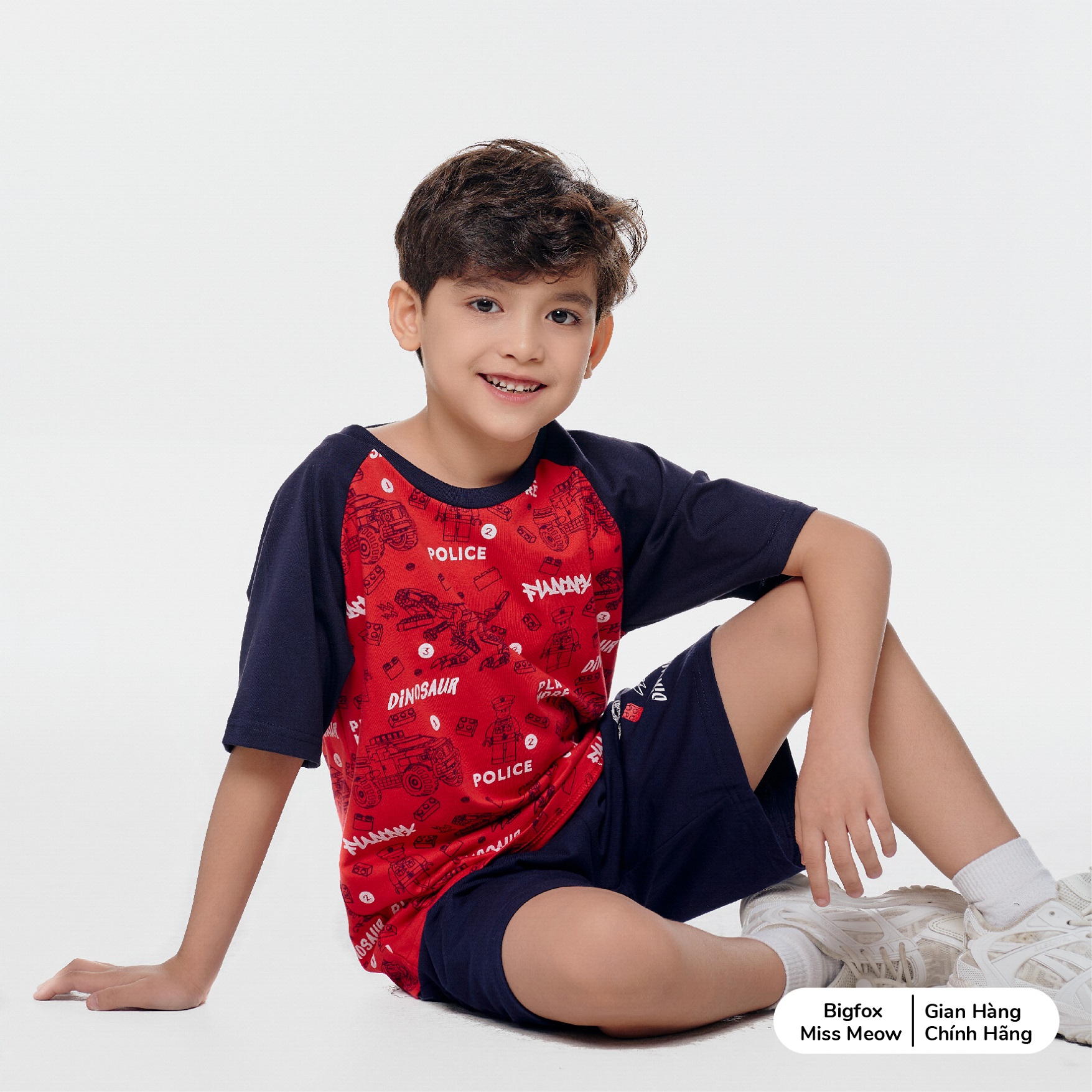 Bộ quần áo cộc tay bé trai Bigfox Miss Meow, chất cotton mặc hè size đại 3,7,9,11 tuổi 30kg 40kg