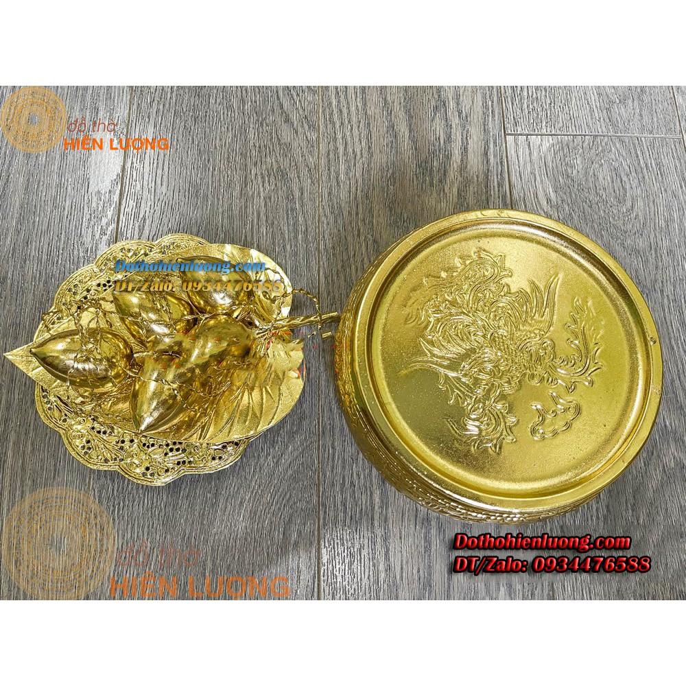 Bộ Trầu Cau Mạ Vàng 24K Gôm: 01 Cơi Trầu + 01 Bộ Cau 5 + Hộp Mica Cao Cấp - Quà Tặng Thờ Cúng Ý Nghĩa