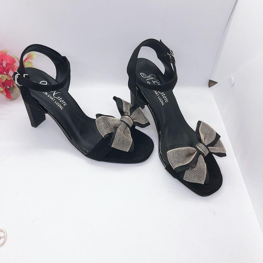 Giày Cao Gót 9p quai kết nơ màu đồng hở gót