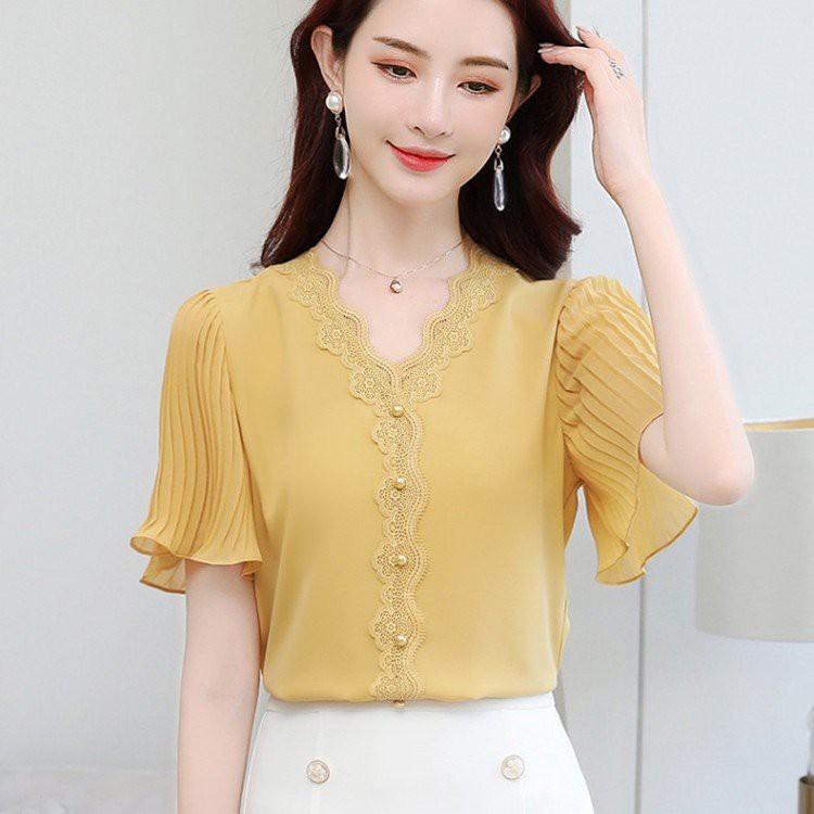 Áo sơ mi cổ v tay cánh tiên-áo sơ mi nữ điệu đà
