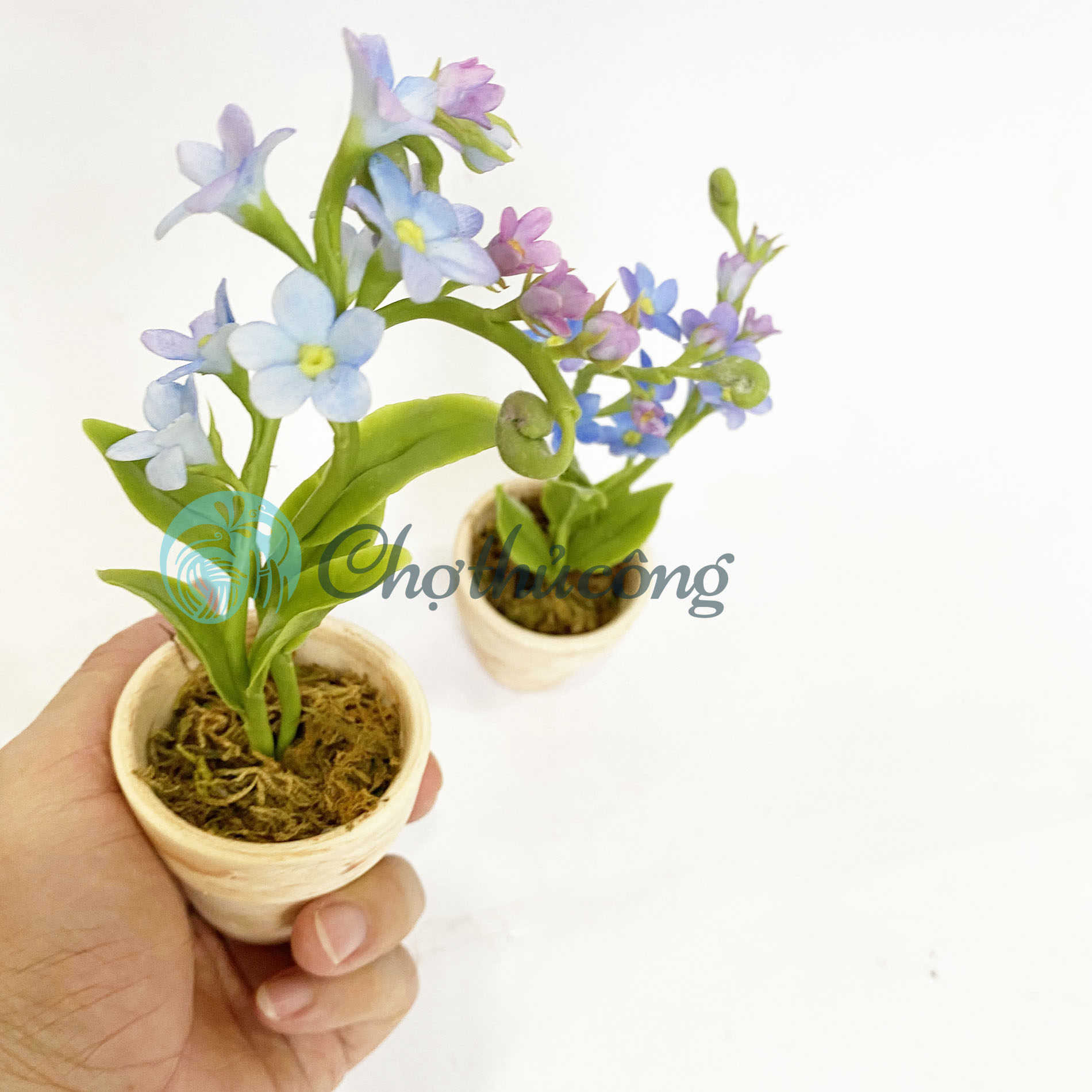 Chậu hoa lưu ly forget me not đất sét mini Nhật Thái, chậu cây mini hoa handmade - chậu hoa giả để bàn, quà tặng handmade