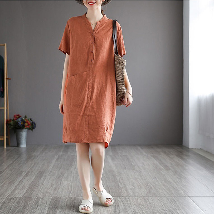 Đầm suông Linen bột Premium tay cộc cổ trụ túi chéo ArcticHunter, thời trang thương hiệu chính hãng