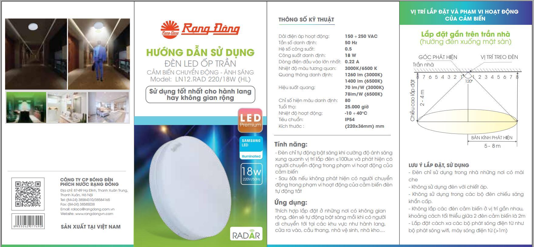 Đèn LED ốp trần cảm biến chuyển động có tích hợp cảm biến ánh sáng Rạng Đông Model: LN12.RAD 220/18w HL