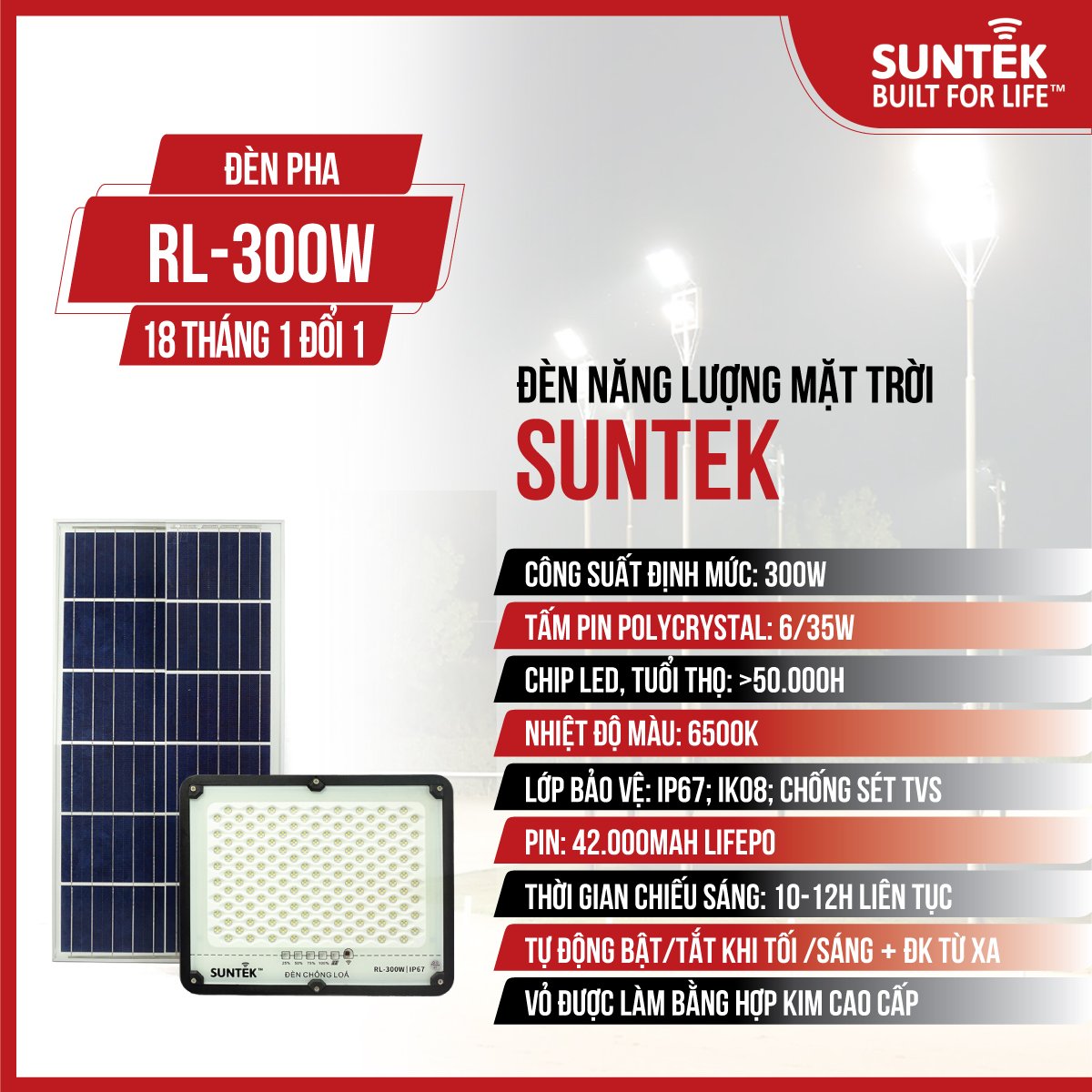 Đèn Pha Chống Lóa Năng Lượng Mặt Trời SUNTEK RL-300W - Sáng suốt đêm 10-12 giờ | Tự động Bật/Tắt | Điều khiển Từ Xa | Chống Nước/Bụi/Sét | Tuổi thọ bóng LED 50.000 giờ - Hàng Chính Hãng - Bảo hành 18 tháng 1 đổi 1