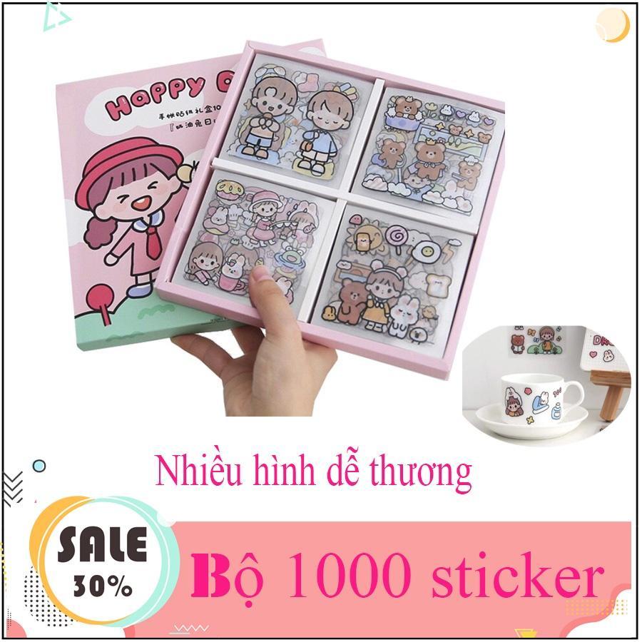 Hộp 1000 Sticker 100 tấm sticker hình dán - quà tặng dán hoạt hình trang trí sổ lưu niệm dễ thương