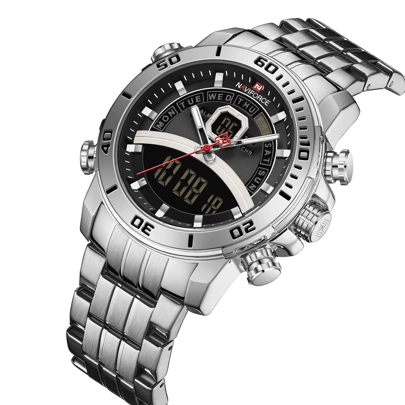 Đồng hồ NAVIFORCE Quartz Digital Electronic có đèn nền, chế độ giờ kép Chống thấm nước - Bạc