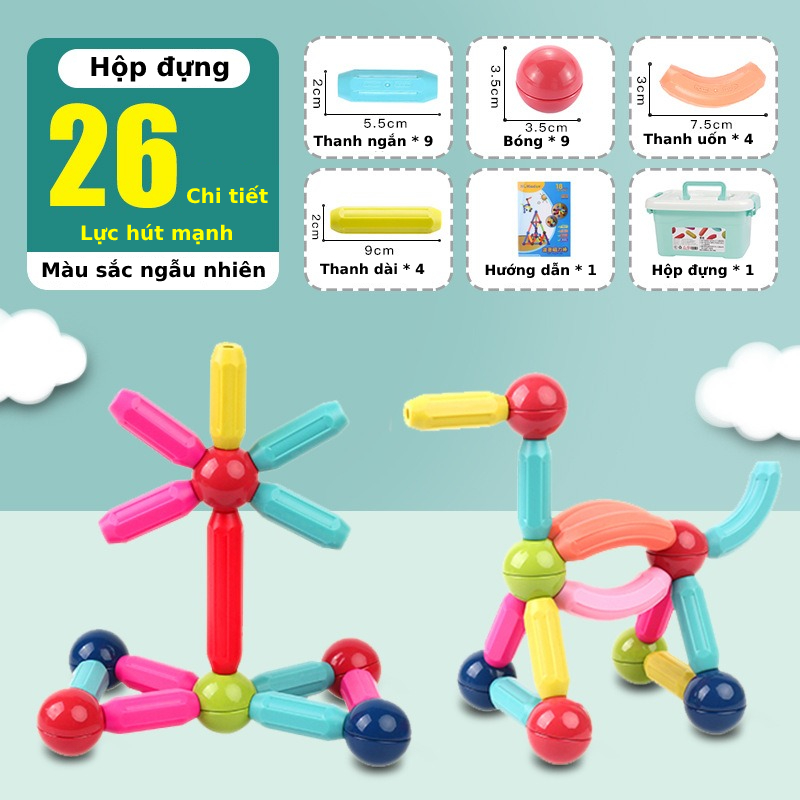 Đồ chơi que từ tính nam châm tròn 67 chi tiết EASYTOYS lắp ráp xếp hình khối xây dựng