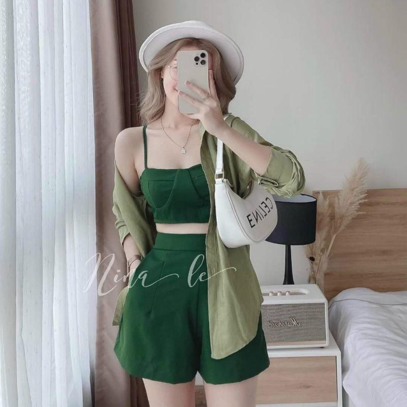 SET ÁO KHOÁC SƠ MI PHỐI ÁO BRA KÈM QUẦN NGẮN 4 MÀU