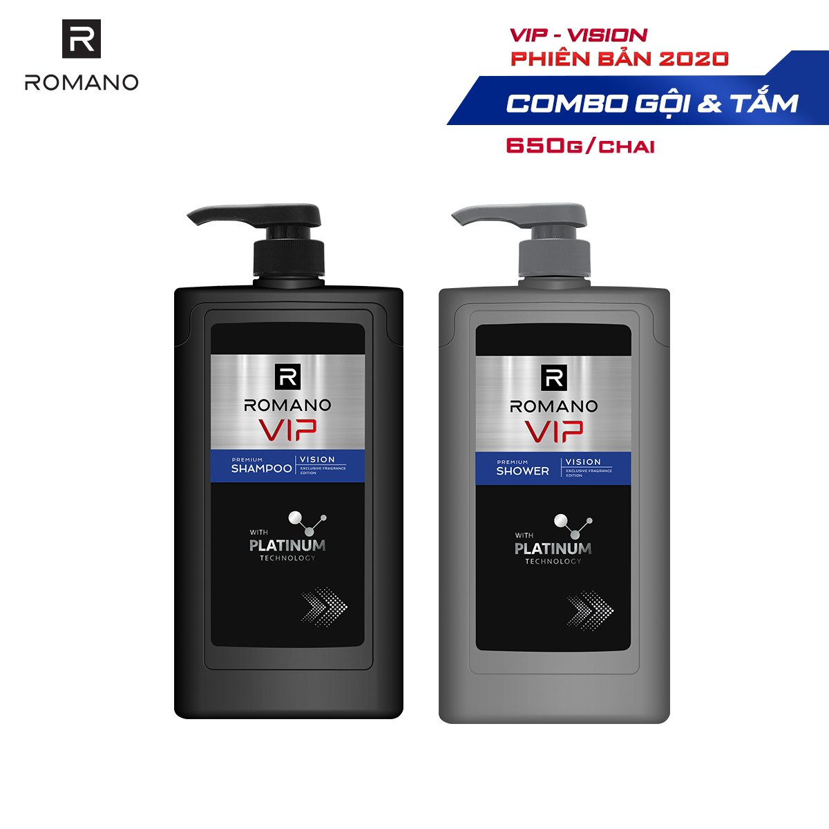 Combo Dầu gội và Sữa tắm cao cấp Romano Vip Vision sang trọng cuốn hút 650g/chai