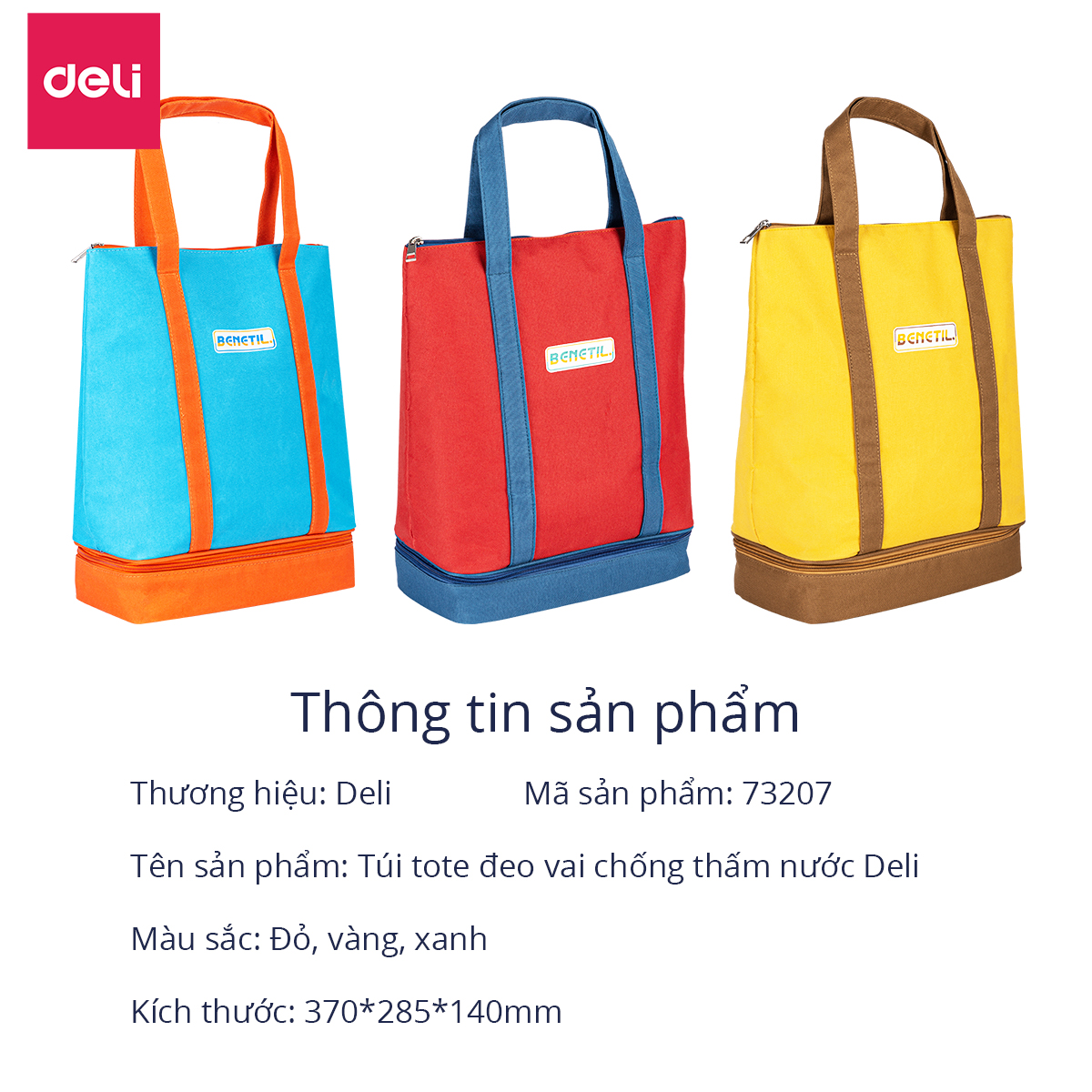 Túi tote vải canvas Deli cao cấp - Chất liệu chống thấm nước, thiết kế phối màu hai ngăn sặc sỡ thời trang - 73207