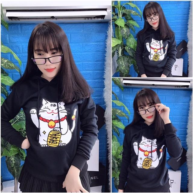 Áo hoodie nữ in hình mèo thần tài