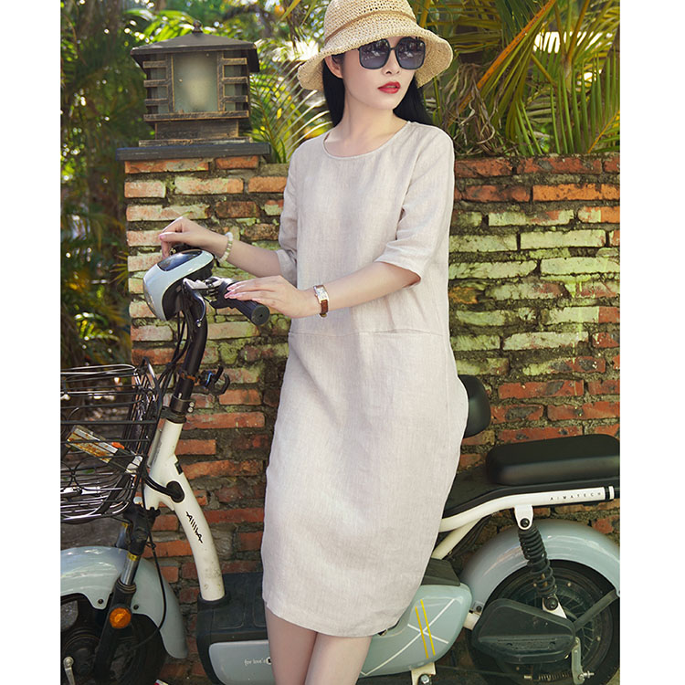 Đầm suông linen tay lỡ 2 túi bổ trước ArcticHunter, chất vải linen mềm mát, thời trang xuân hè 2021