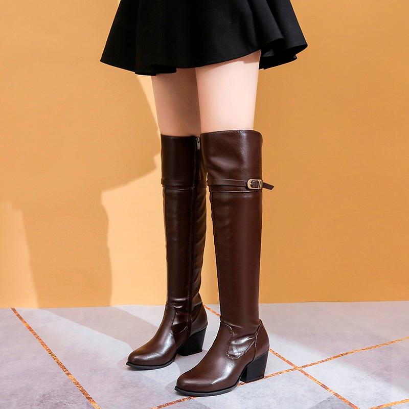 Mùa Đông 2021 Gợi Cảm Đầu Gối Giày Chặt Stovepipe Hiệp Sĩ Giày Da Lộn Mũi Tròn Chiến Đấu Giày Cho Nữ Xu Hướng Nhung Ấm Nữ giày Tăng