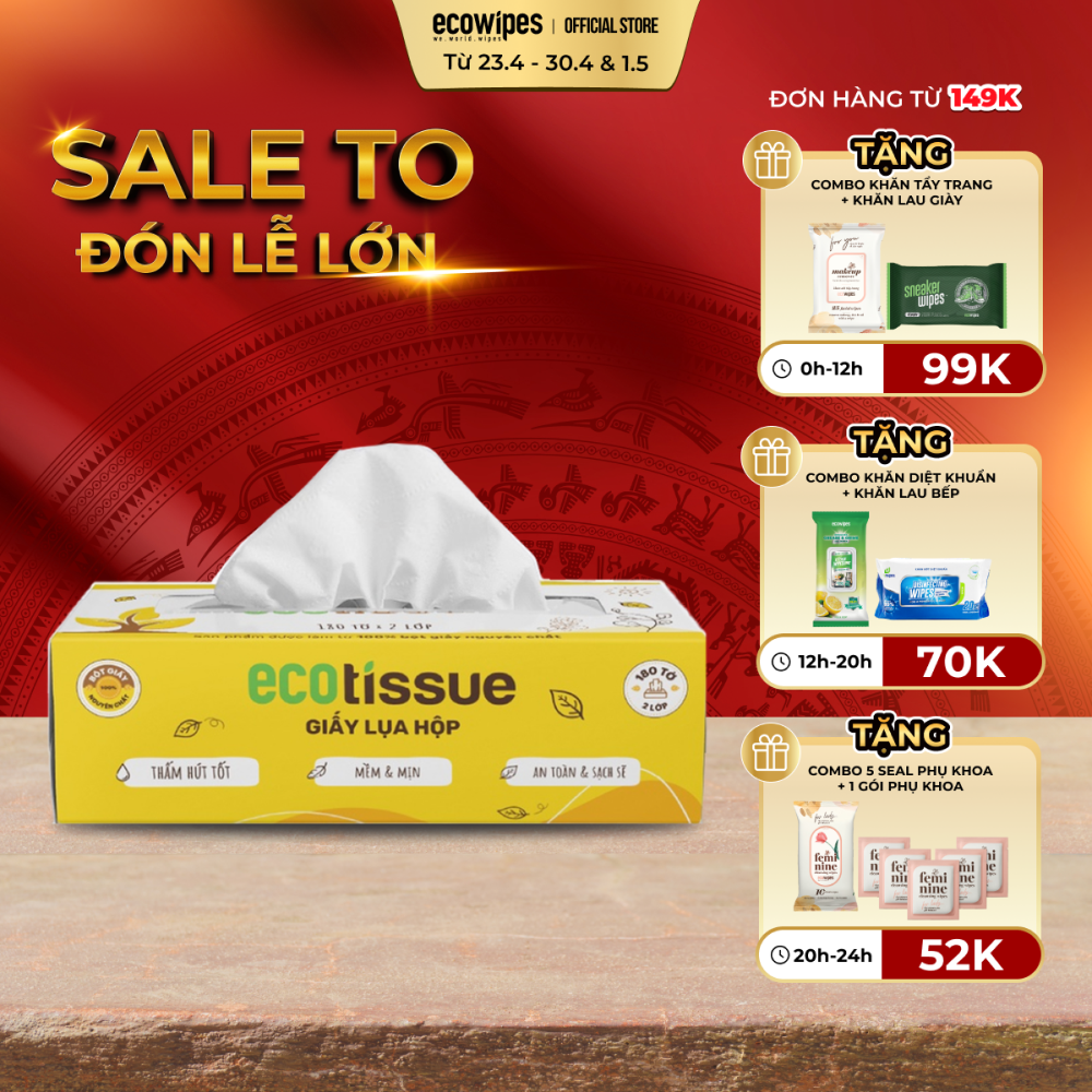 Khăn giấy ăn khăn giấy lụa Ecotissue hộp cao cấp 180 tờ siêu mềm mịn thấm hút tốt an toàn khi sử dụng