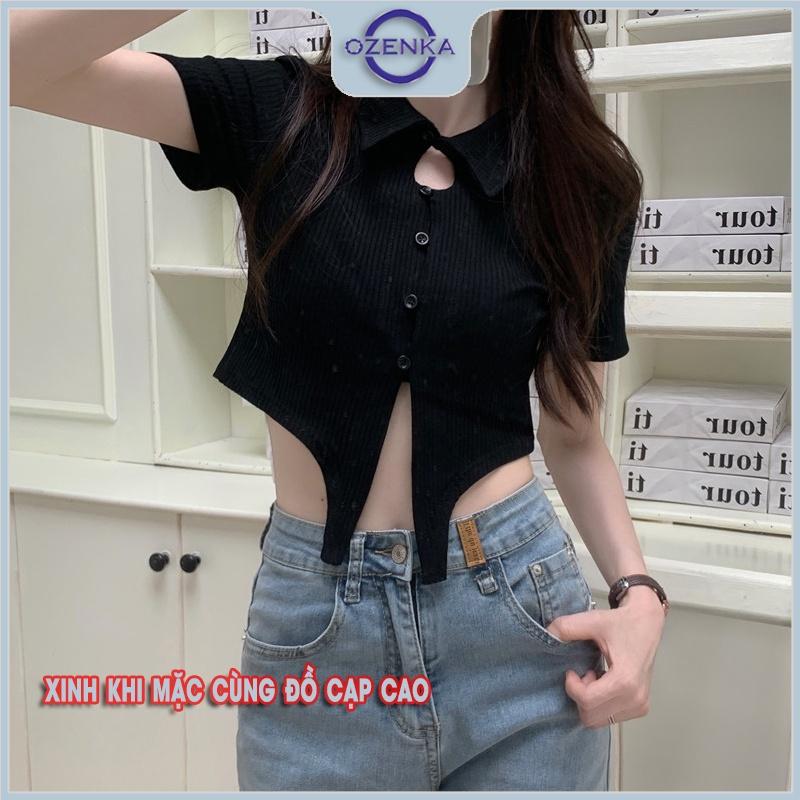 Áo croptop cổ bẻ tay ngắn ôm nữ , áo crt roptop kiểu hàn quốc body cài khuy mặc đi học đi chơi đen trắng