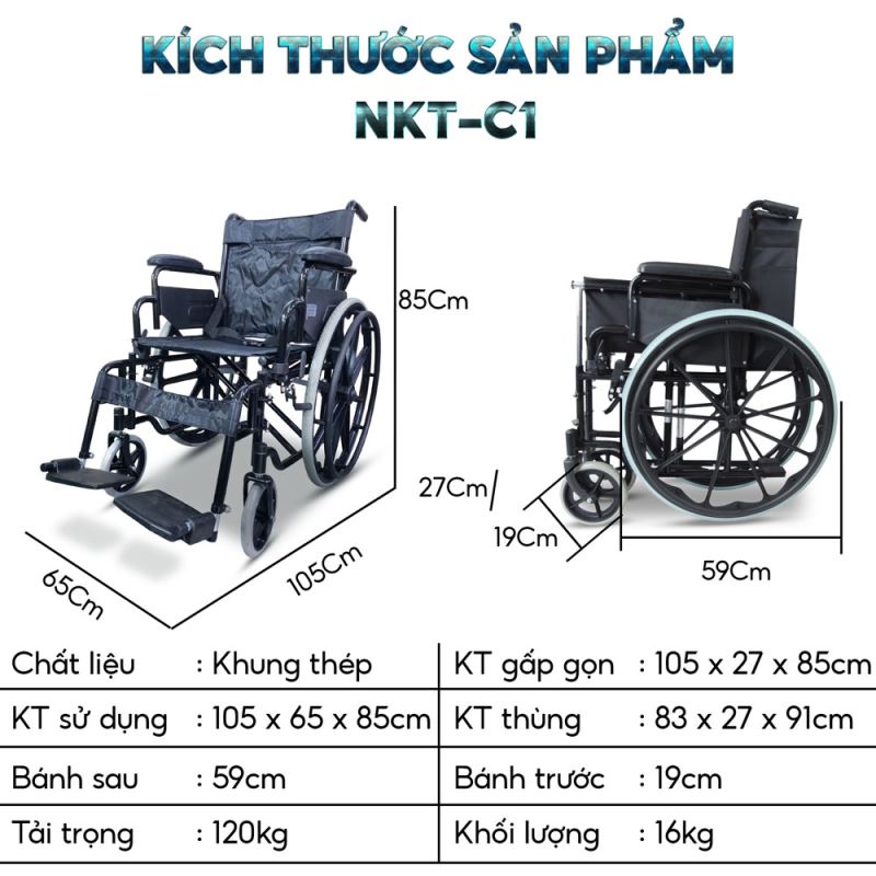 Xe lăn tay có thể tháo rời phần kê tay và gác chân, gấp gọn có thể để cốp ô tô