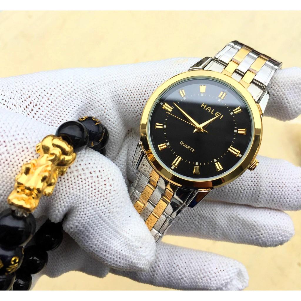 Đồng hồ nam halei dây pha mặt đen chống nước chống xước, tặng kèm vòng tì hưu