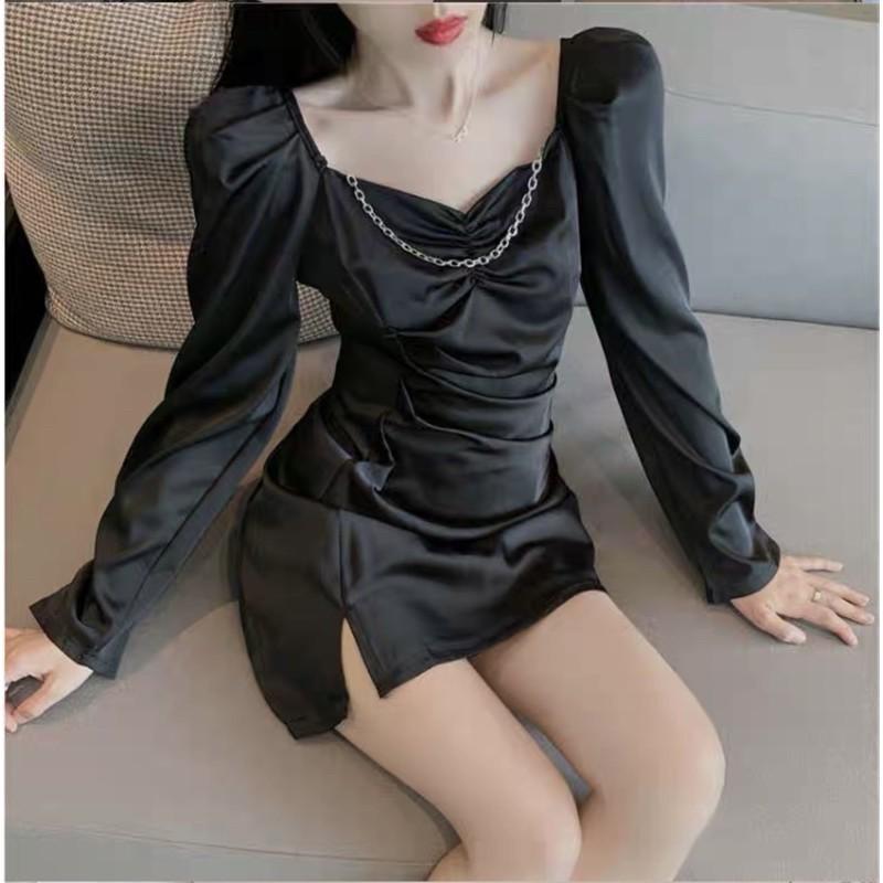Đầm dáng chữ A nhún eo tay dài phối xích tháo rời