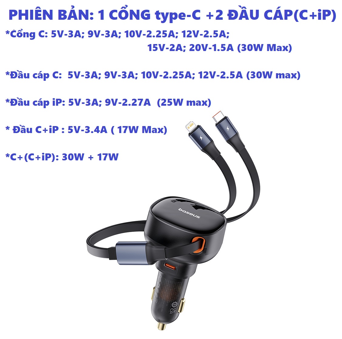 Tẩu sạc ô tô dây rút sạc nhanh 30W 3 cổng 2C+ iP Baseus Enjoyment PRO Retractable Car Charger CCTXP- CCL - hàng chính hãng