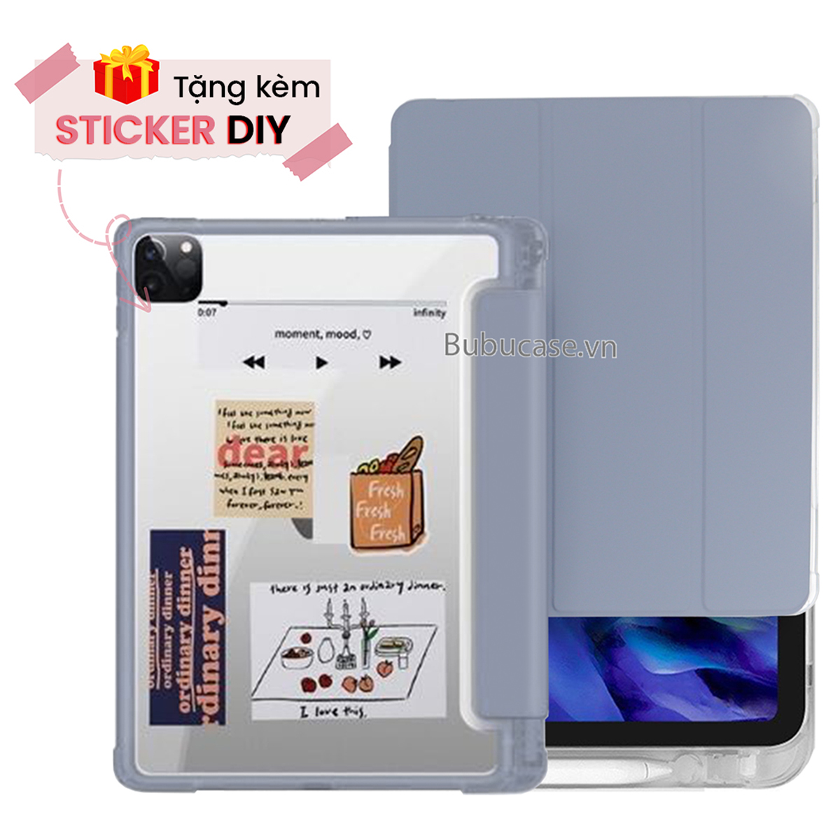 Bao Da Cho iPad Màu Pastel, Có Khay Đựng Bút, Mặt Lưng Silicone Trong Mờ - Tặng Kèm Sticker DIY Cá Tính