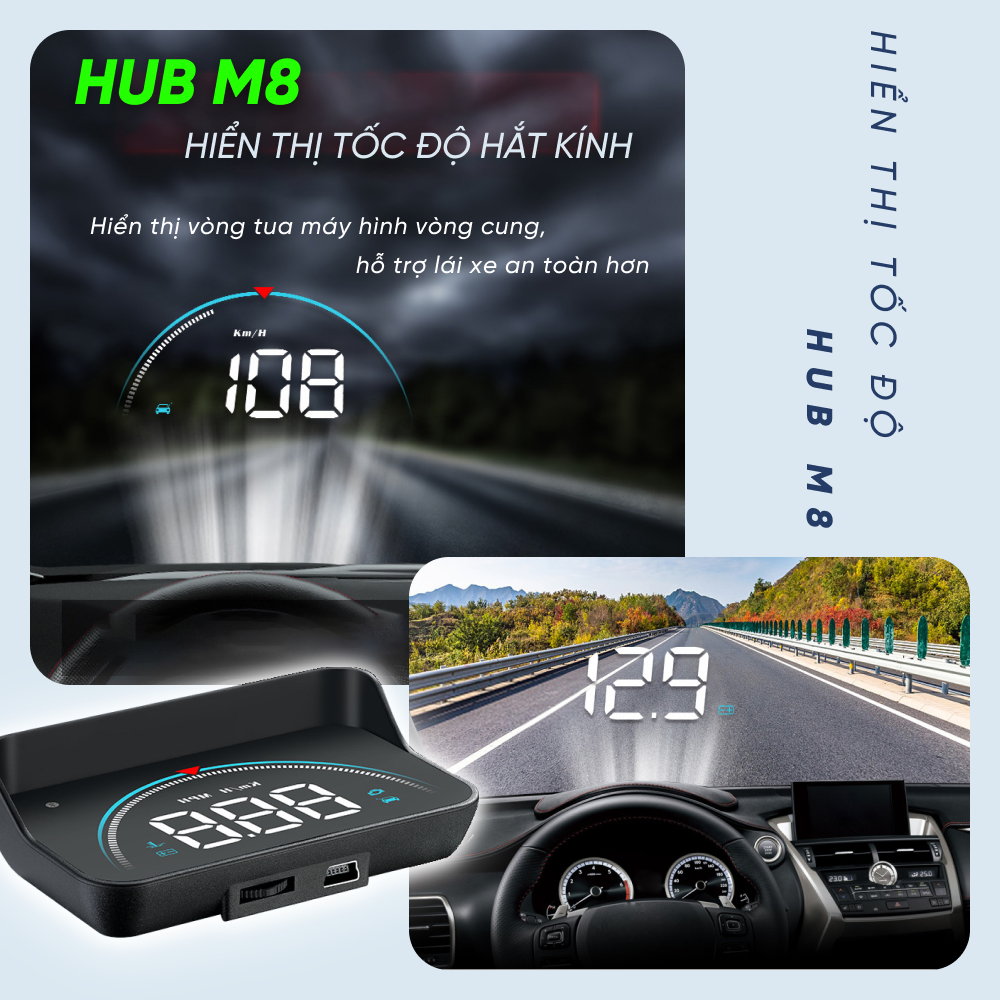 Thiết bị hiển thị và cảnh báo tốc độ hắt kính lái xe ô tô Hud M8 - OBD 2, dùng được cho đa phần các loại xe