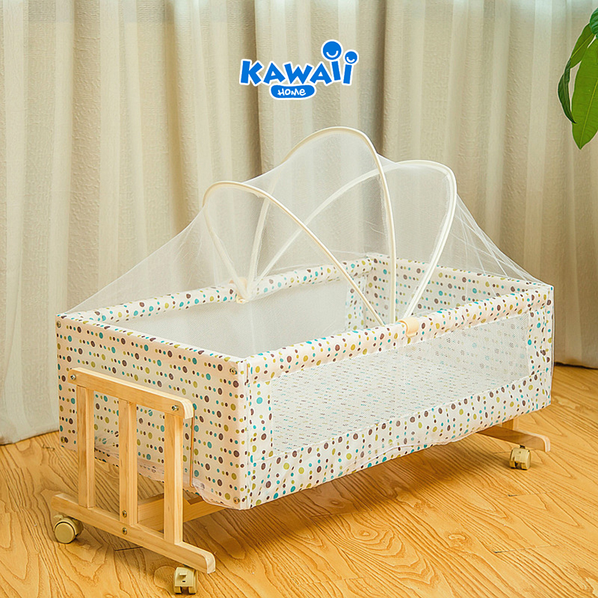 Nôi cho bé KAWAII HOME, Nôi gỗ thông - Bảo hành 12 tháng (TẶNG: Màn chống muỗi)