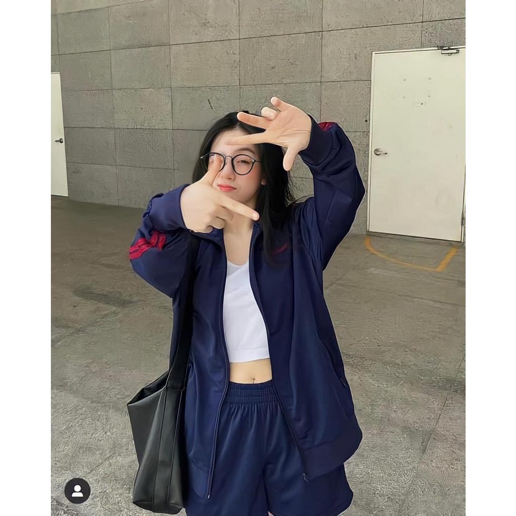 Áo Khoác Nỉ Nam Nữ Unisex Tay Phối Sọc Đỏ Màu Xanh Than