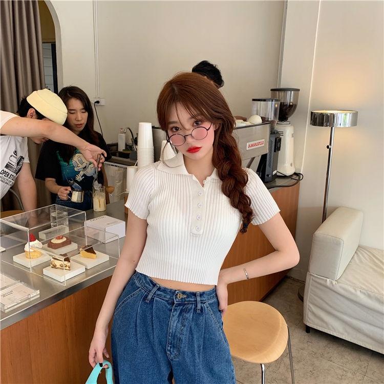 Áo croptop dệt kim tay ngắn cổ polo thời trang Hàn Quốc thanh lịch