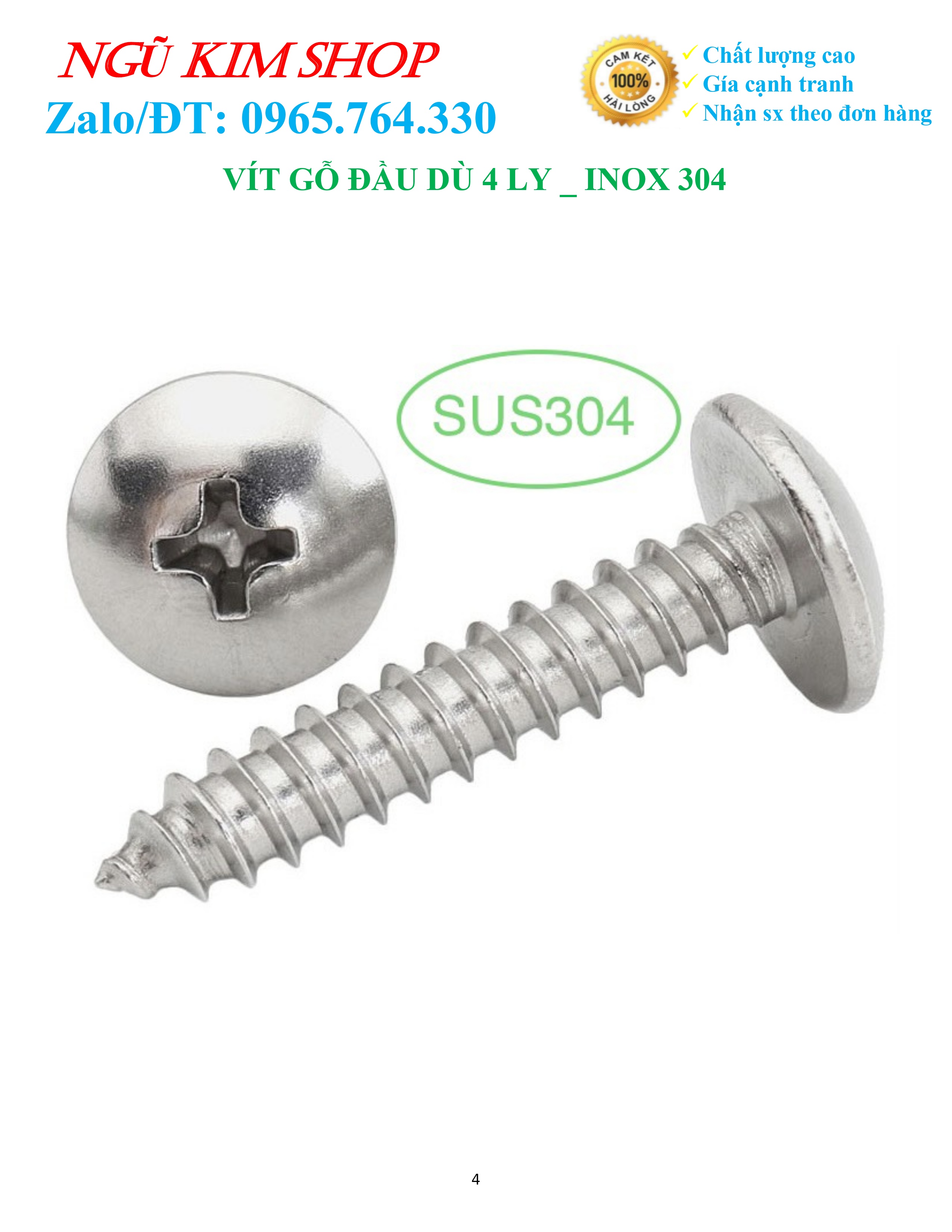 VÍT GỖ ĐẦU DÙ 4 LY _ INOX 304