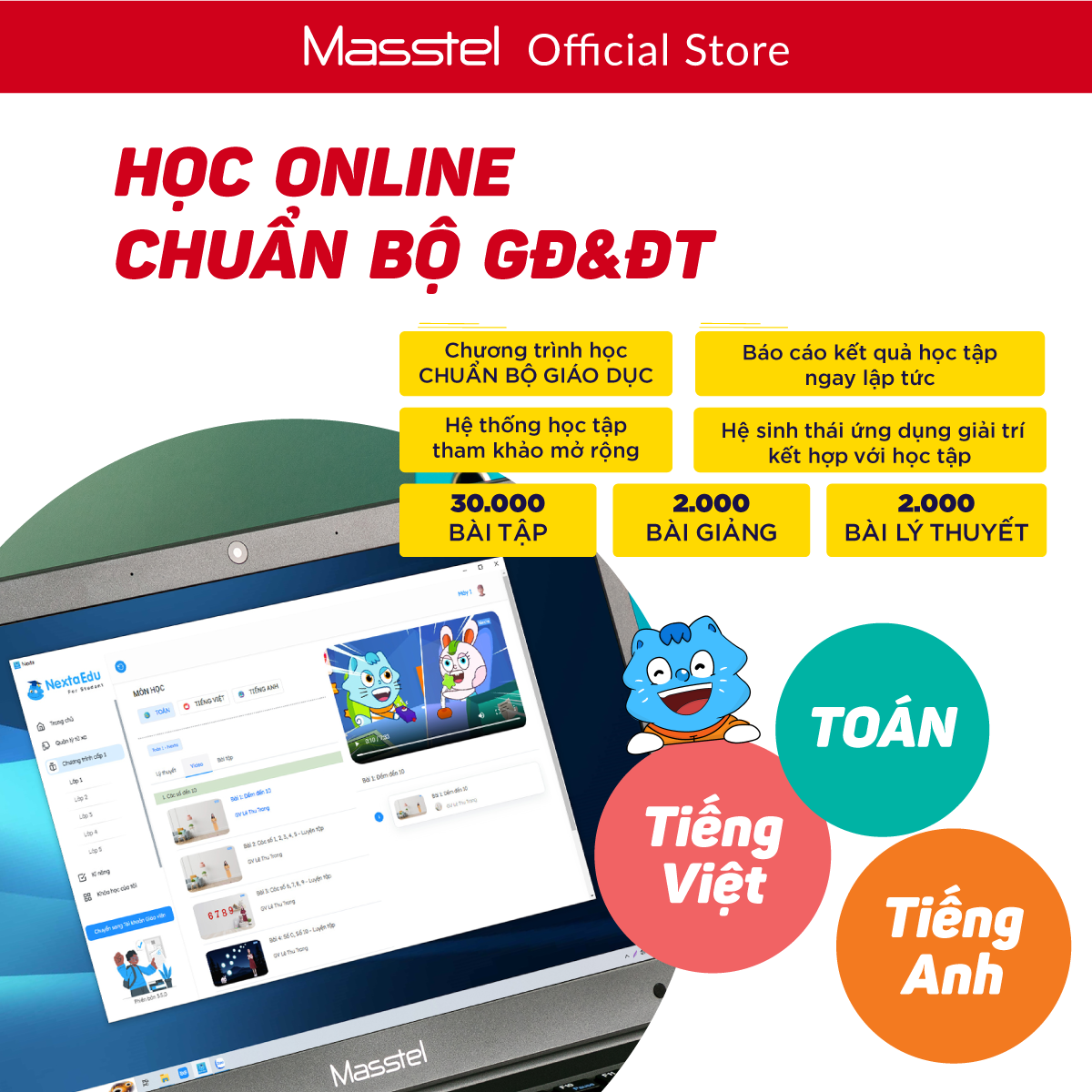 Laptop Giáo dục Masstel E140 - Khoá học Toán - Tiếng Việt - Tiếng Anh từ lớp 1 đến lớp 5 - Bảo hành 12 tháng