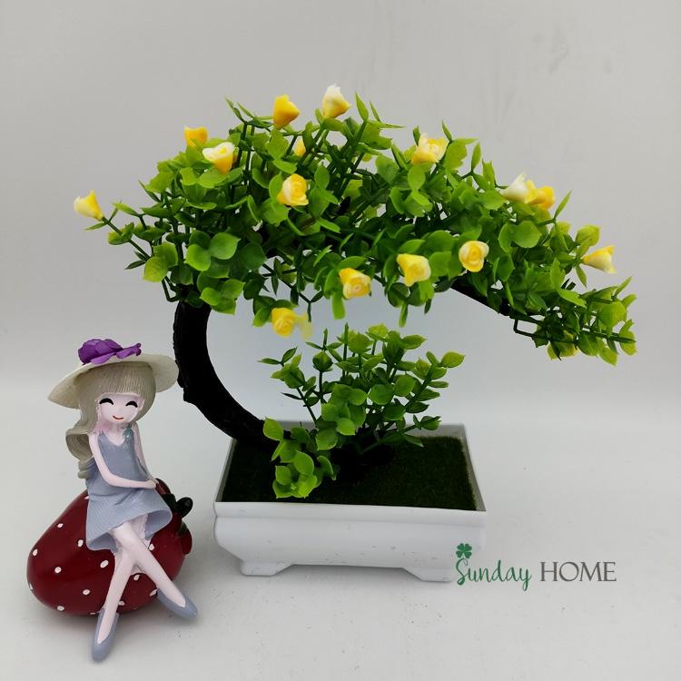 Cây giả Bonsai hoa rực rỡ , chậu cây giả để bàn, kệ tủ, trang trí nhà cửa