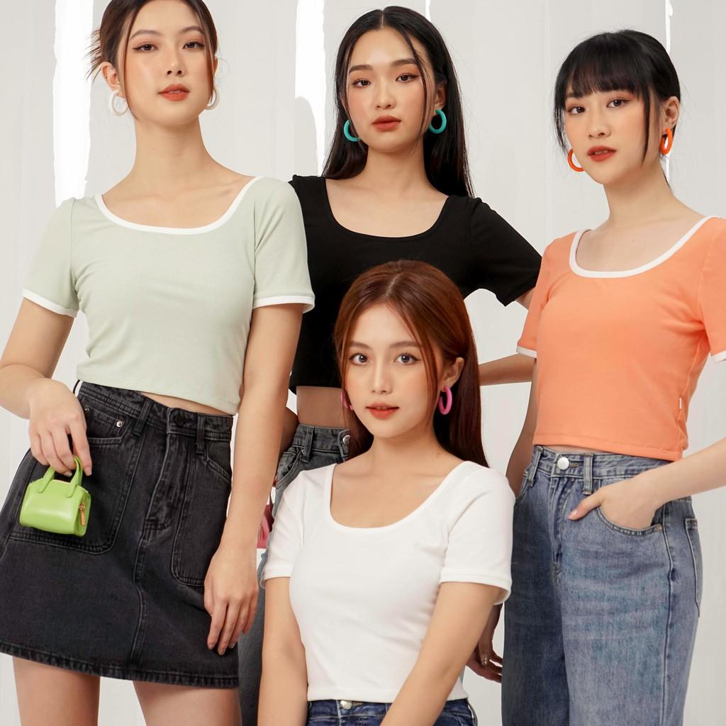 Áo kiểu dệt kim nữ Méo shop croptop ngắn tay cổ vuông Yun