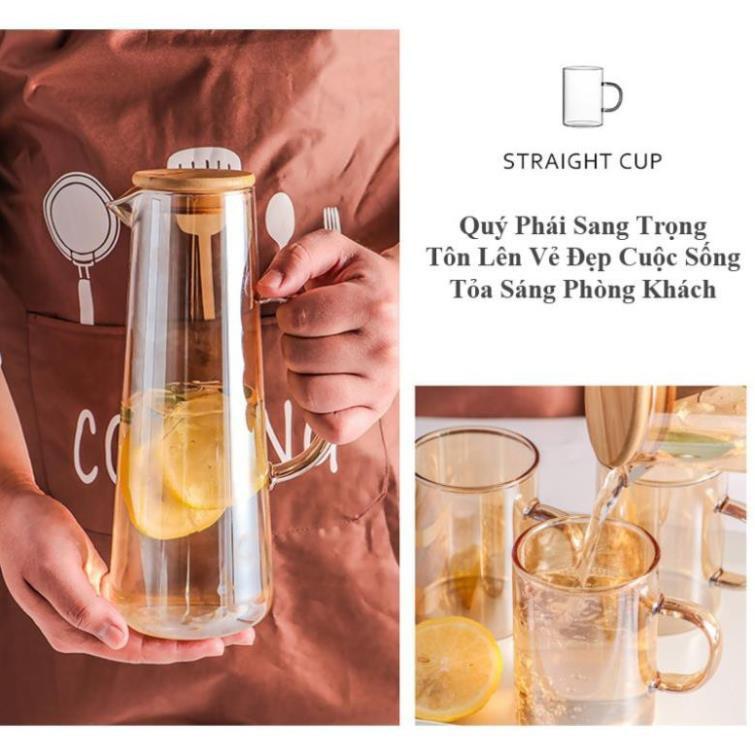 Bình Nước Thủy Tinh 1500ml Nắp Gỗ Màu Hổ Phách Trong Suốt Sang Trọng