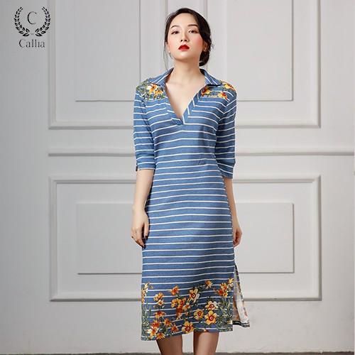 Đầm thun midi Callia cổ trụ Adie