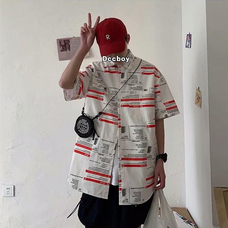 Áo sơ mi rộng thoải mái tay ngắn in chữ tiếng Anh thời trang mùa hè dành cho nam
