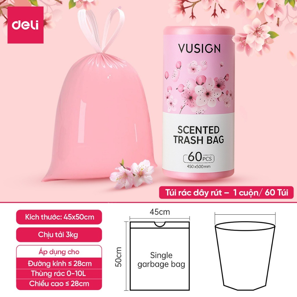 Cuộn 60 Túi Đựng Rác Dây Rút Hương DelixVusign Chống Côn Trùng Dày Dặn, Dai, Không Rò Rỉ Chống Rách cho thùng rác